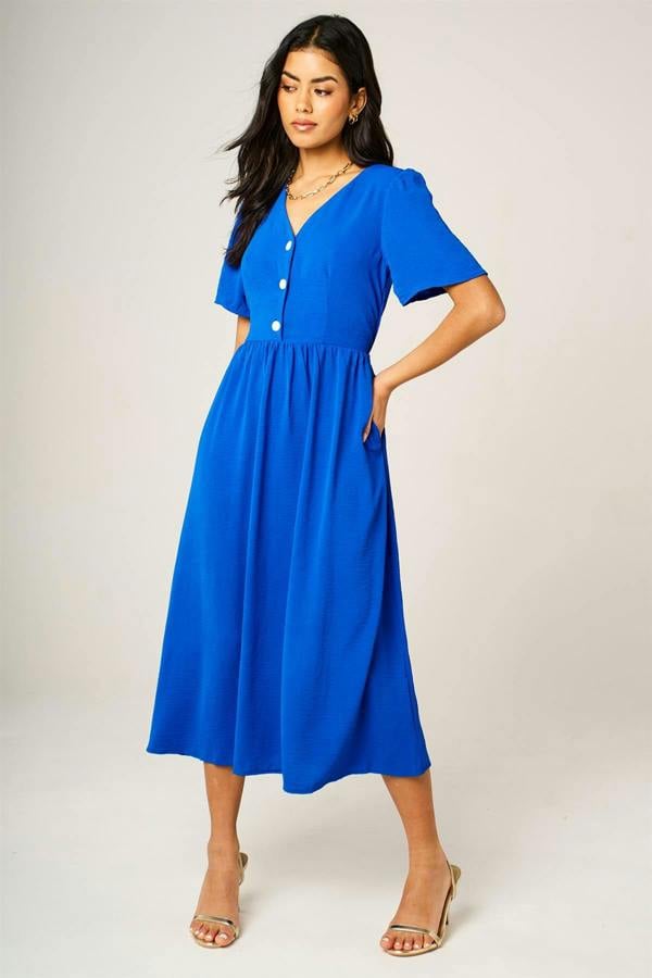 FS Collection Button Front Midi Dress In Royal Blue