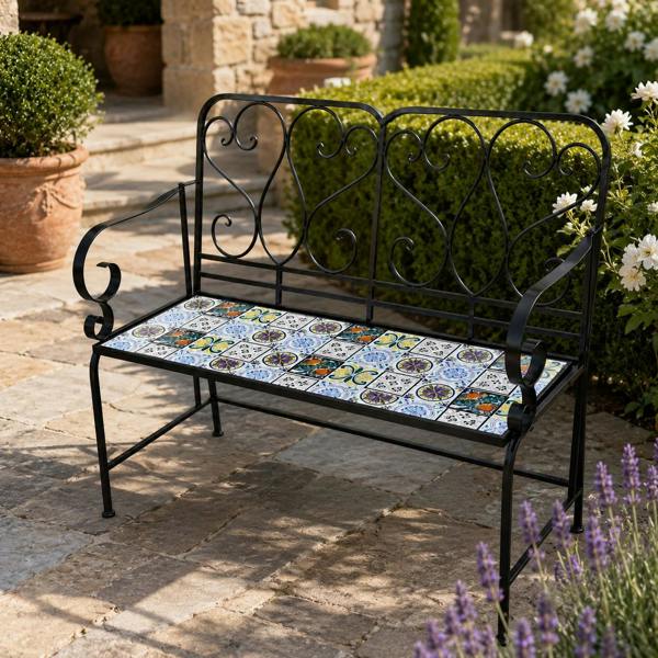 Lisbon Mosaic 2 Seater Garden Bench, 112cm Outdoor Patio Seat with Ceramic Tile Seat, Scrollwork Backrest & Metal Frame image 3