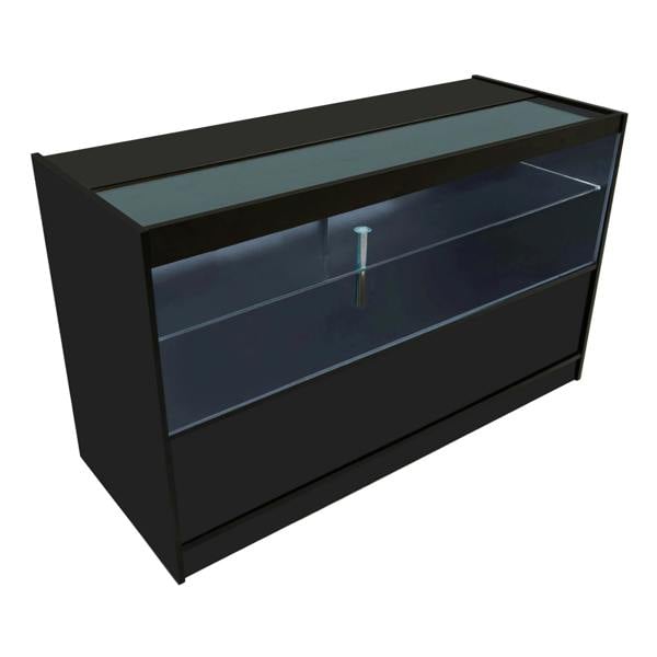 Theia LED Shop Counter Set in black features sleek glass panels, a modern design, and integrated LED lighting for display enhancement