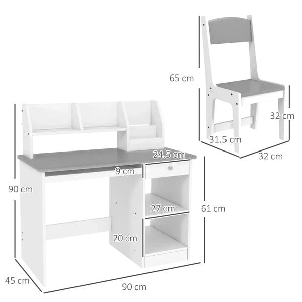 Kids desk and chair set with storage, shown with size dimensions