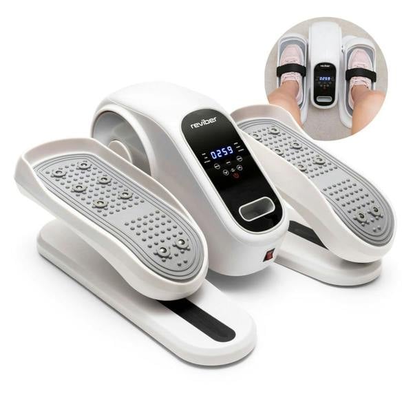 The Reviber Motorised Mini Elliptical Bike by Reviber is a compact, white unit with a digital display and textured foot pedals; inset image shows seated low-impact leg exercise with feet on the pedals.