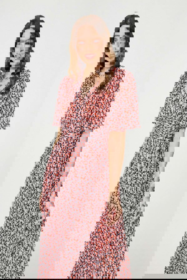 Orange | Printed 1/2 Sleeve Ruched Midi Dress
