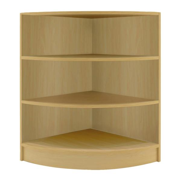 Curved maple corner display shelf with three spacious, smooth shelves, ideal for showcasing products in retail environments