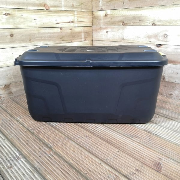 Samuel Alexander 145L Heavy Duty Trunk on Wheels Sturdy, Lockable, Stackable and Nestable Design Storage Chest with Clips in Black