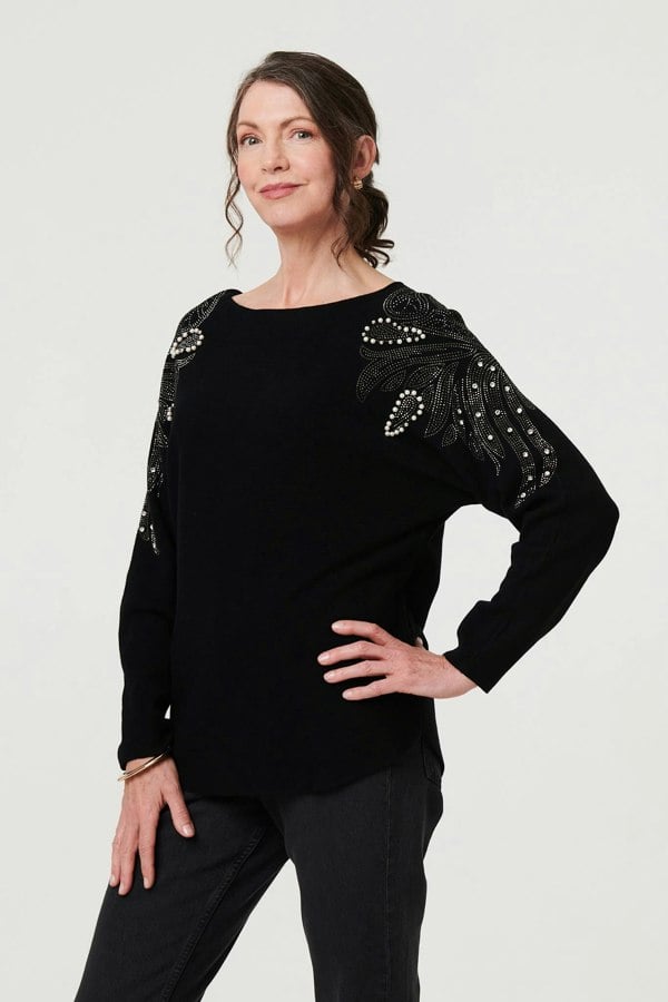 Black | Sparkle Detail Batwing Sleeve Jumper
