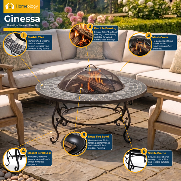 Homeology GINESSA Garden Heater Fire Pit Coffee Table Barbecue Ice Bucket - Mosaic Ceramic Finish