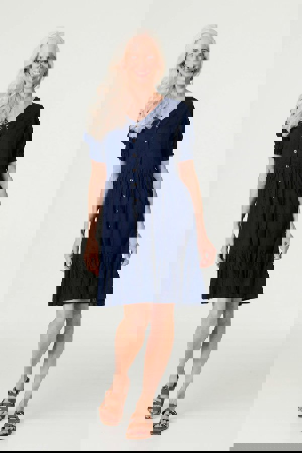 Navy | Embossed V-Neck Knee Length Dress