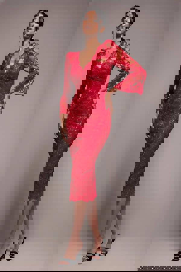 Sequin Scallop Lace Midi Dress - Red DR3960