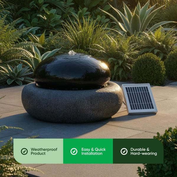 Gardenwize Solar Water Feature – Black Pebble Fountain with LED Lights & Battery Backup