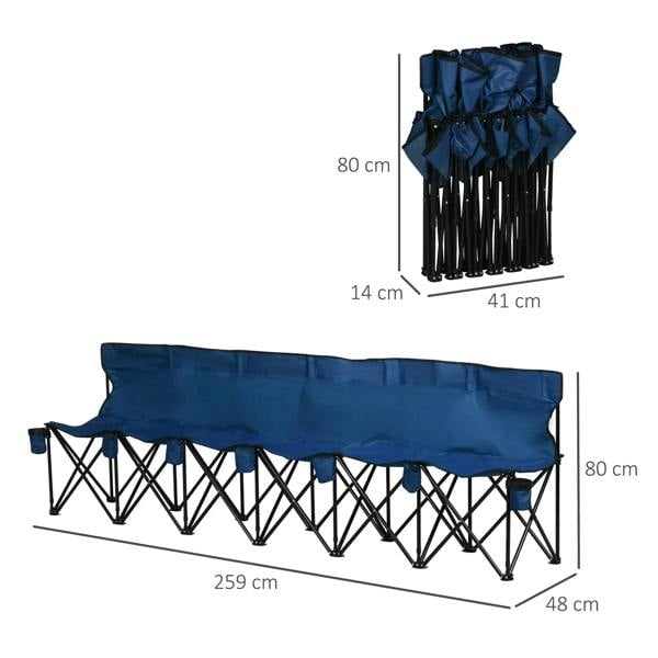 Blue folding camping chair with black metal X-frame legs and built-in cup holders