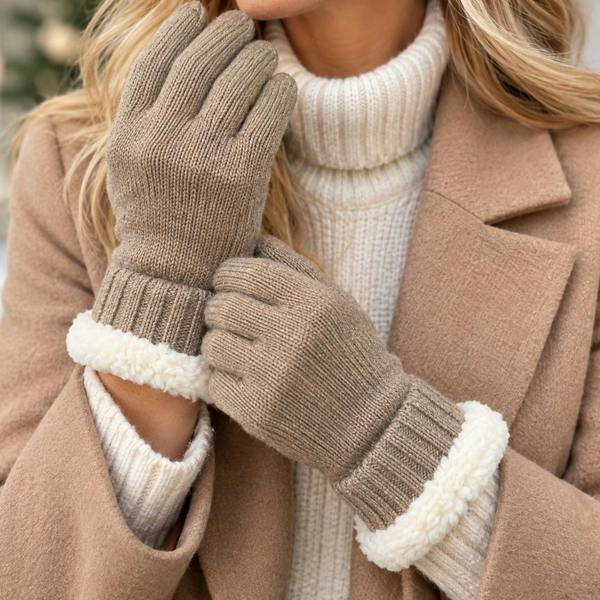 Love EMVY Ladies Wool Blend Knitted Winter Gloves with Soft Fleece Cuff - Brown