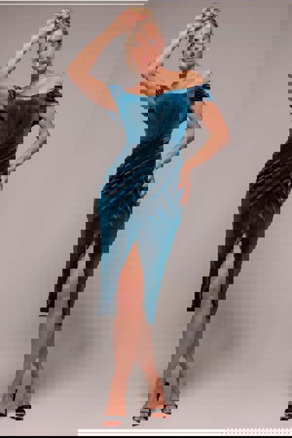 Draped Shoulder Velvet Corset Midi Dress - Tealblue DR4066