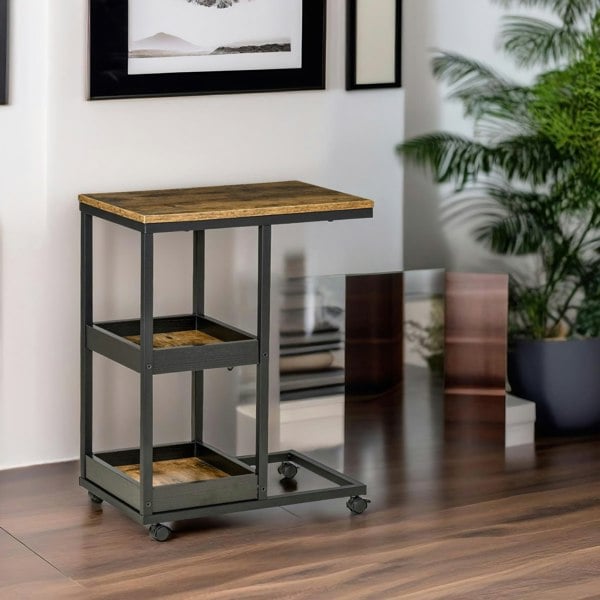 Rafaelo Mobilia Industrial C Shaped Side Table 3-Tier With Wheels