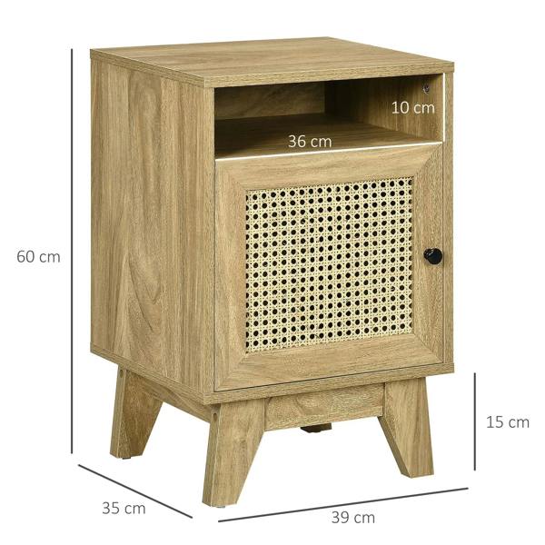 Narrow rattan side table with open shelf and woven door, natural finish, turned legs
