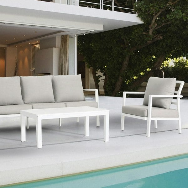 Premium 5 Seater Garden Coffee Table Set - White Aluminium Sofa & Grey Cushions - LoopsDirect