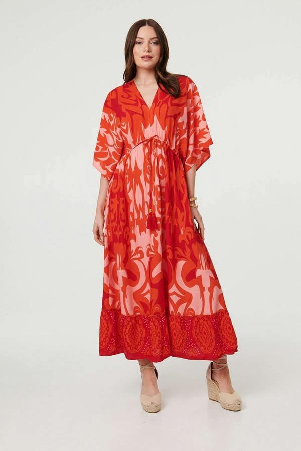 Red | Abstract 3/4 Sleeve Relaxed Maxi Dress