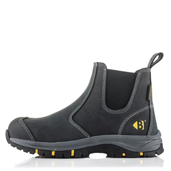 Buckbootz WIZD2 Mens Pull On S7S Dealer Chelsea Safety Ankle Boots, black slip-on safety boots with reinforced toes and rugged outsole for enhanced durability and protection.