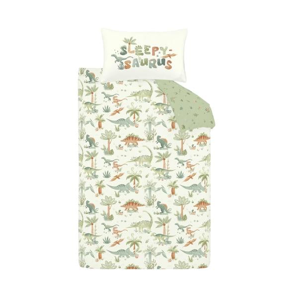 Catherine Lansfield Brushed Sleepy Saurus Dino Cotton Reversible Duvet Cover Set Cream