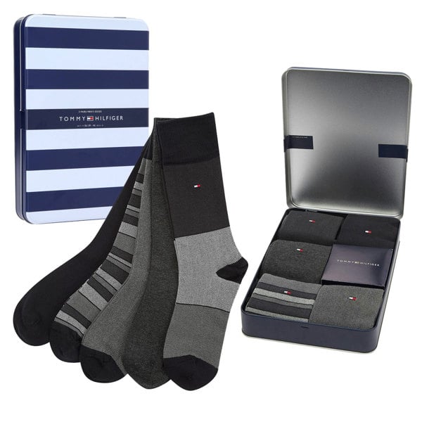 Tommy Hilfiger Men's Black & Grey 5 Pack Socks Gift Set Tin - Size 6-11 UK (Mixed Styles, Black & Greys)