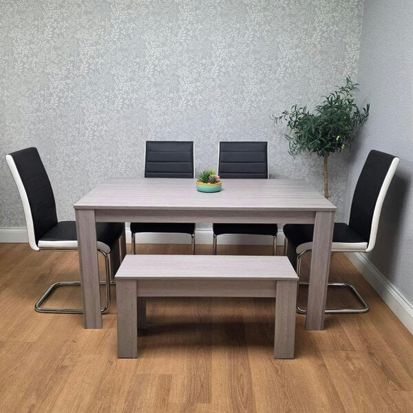 Kosy Koala Dining Table Set with 4 Black Faux Leather Chairs & Bench, Light Grey Arrow Pattern, 140cm