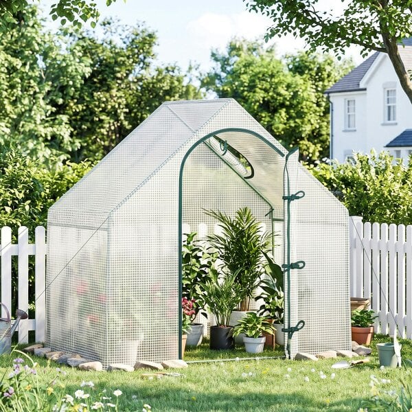 Outsunny Walk-In Portable Greenhouse Mini Grown House Steel Frame Window White