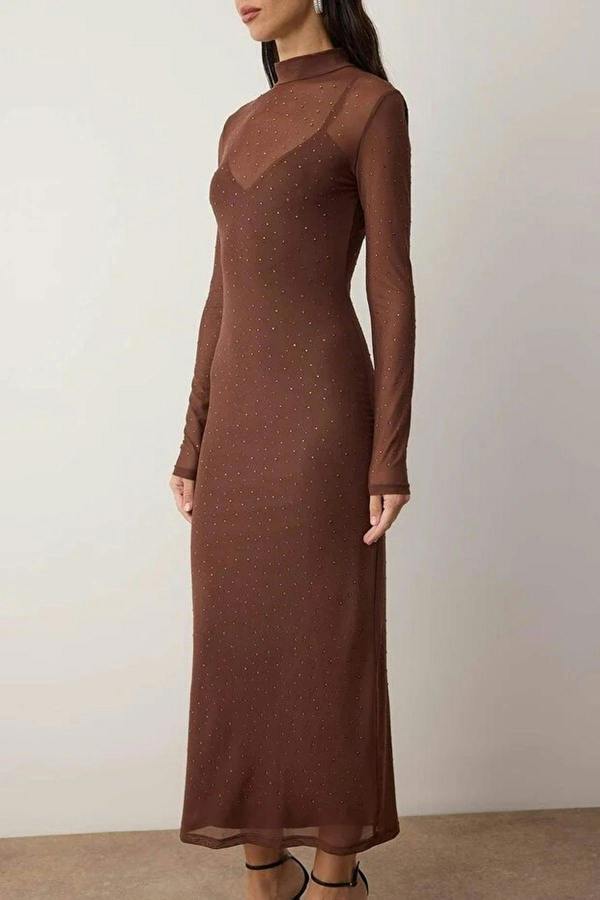 WOVCOR Black Tulle Evening Dress with Shiny Stones