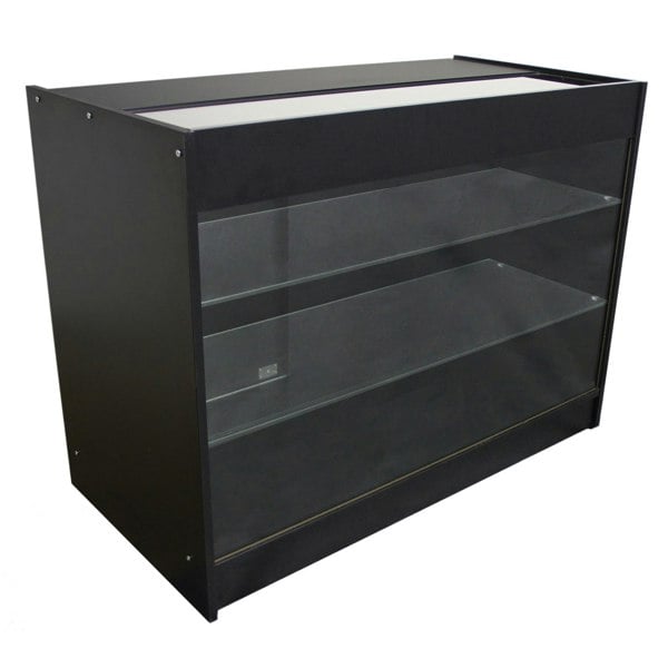 K1200 retail display cabinet in sleek black, featuring three glass shelves and a sturdy frame, ideal for showcasing products