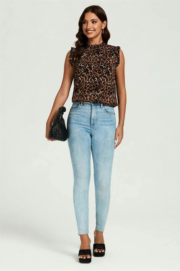 FS Collection Leopard Print Frill Trim Sleeve Frill Neck Blouse Top In Brown