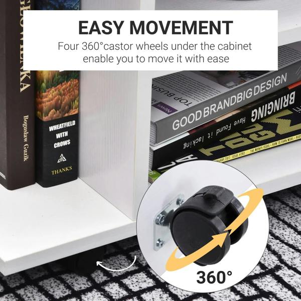 White caster wheel system under a TV cabinet stand for easy rolling movement
