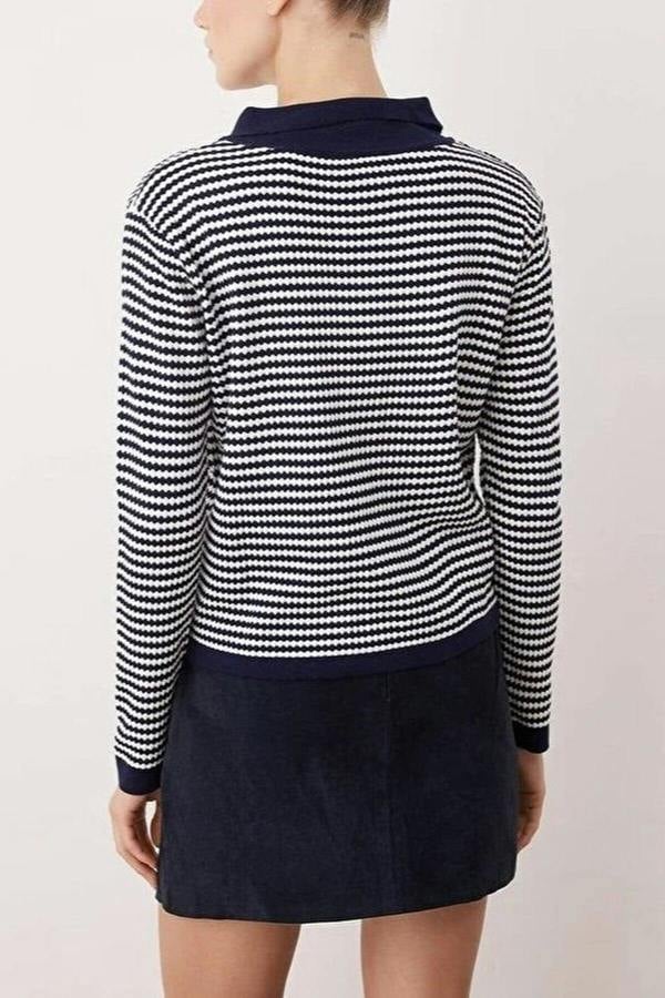 WOVCOR Striped Polo Neck Knit Cardigan