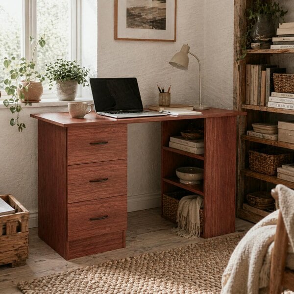Wyld Haus Mimi 120cm Wooden Walnut Brown Home Office Desk With 3 Shelves And Drawer Storage