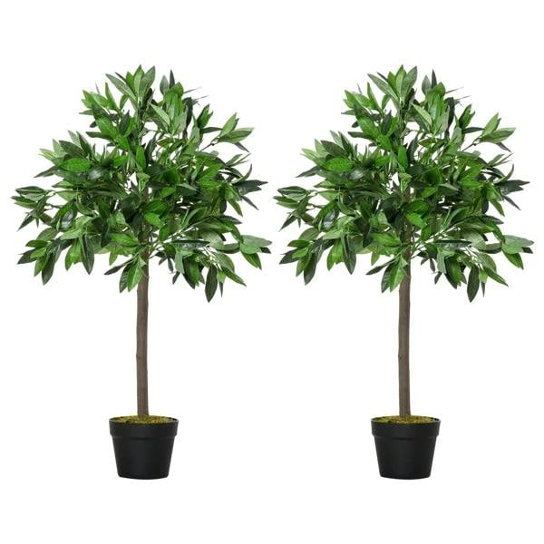 Artificial bay laurel topiary set of 2 with green leaves, brown trunks, black pots