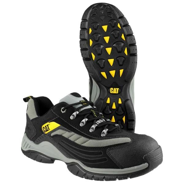 Caterpillar Moor Mens/Womens Safety Steel Toe SB Work Trainers Shoes, black and grey safety work shoes with steel toe protection and slip-resistant sole.