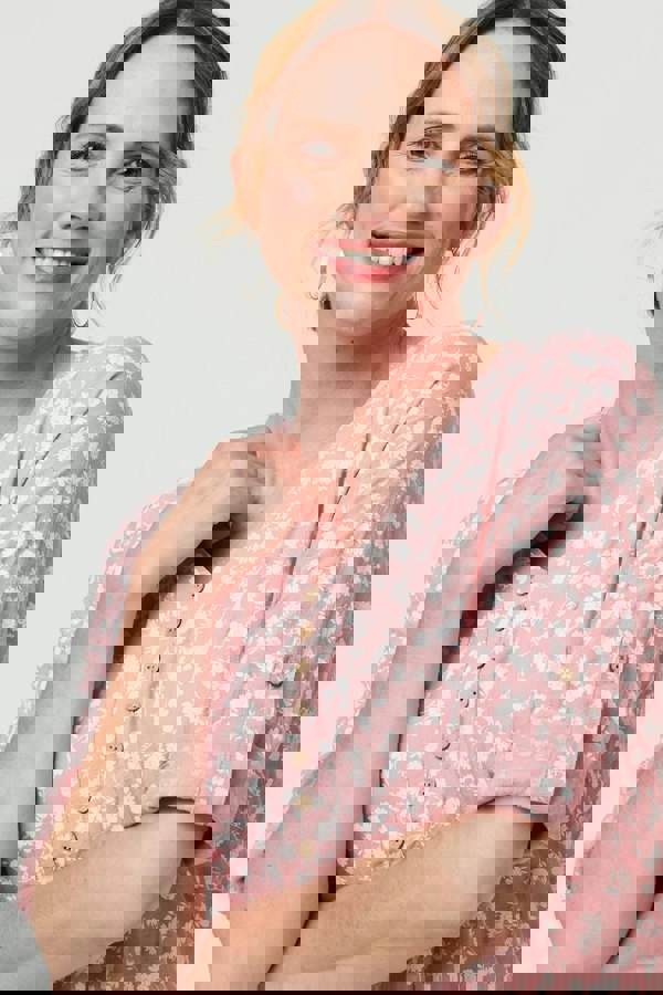 Pink | Ditsy Floral 3/4 Sleeve Curve Hem Top
