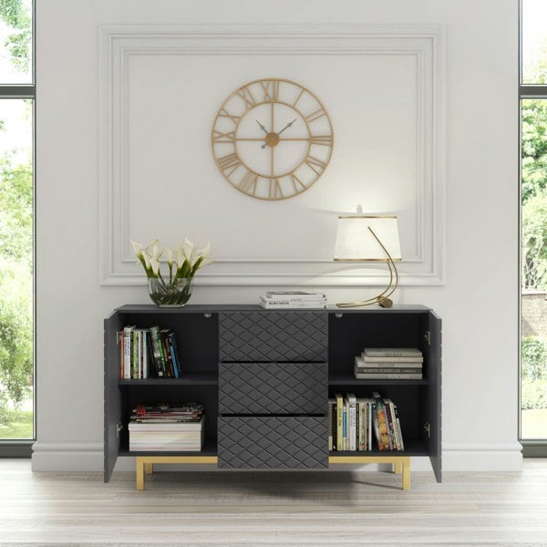 Mex FurnitureGrey Matt Sideboard 140cm Diamond Pattern with Gold Legs