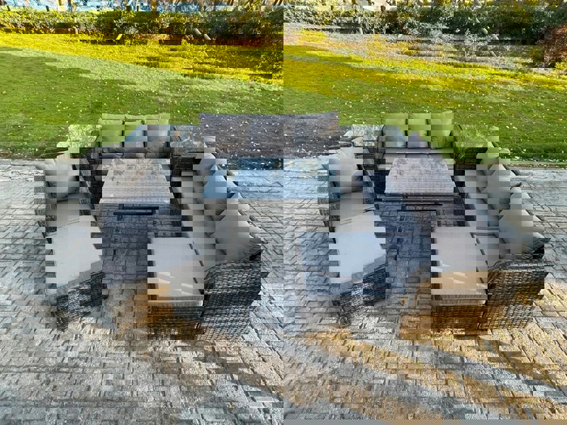 Fimous Wicker 8 Pieces Rattan Garden Furniture Sofa Set with Rectangular Dining Table Armchair 2 Big Footstool 2 Side Table Dark Grey Mixed