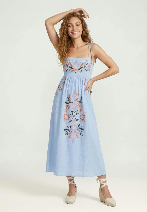 Raffya Furla Smocked Panel Embroidered Midi Dress In Blue