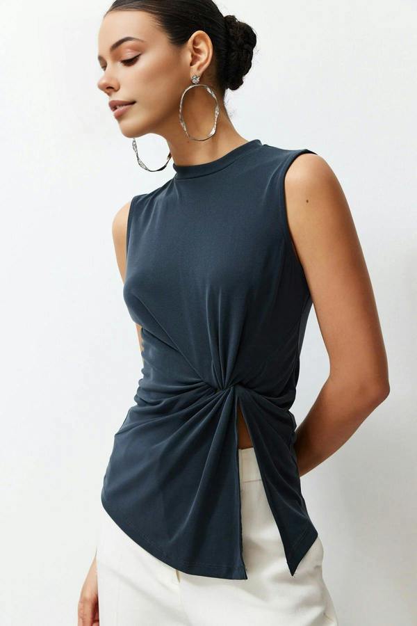 More Sustainable High Neck Ruched Detail Long Sleeve Modal Knit Blouse