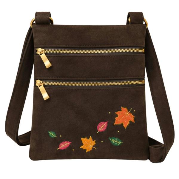 Fores Collection Faux Suede Crossbody Bag with Stitched Appliqué Leaf Design