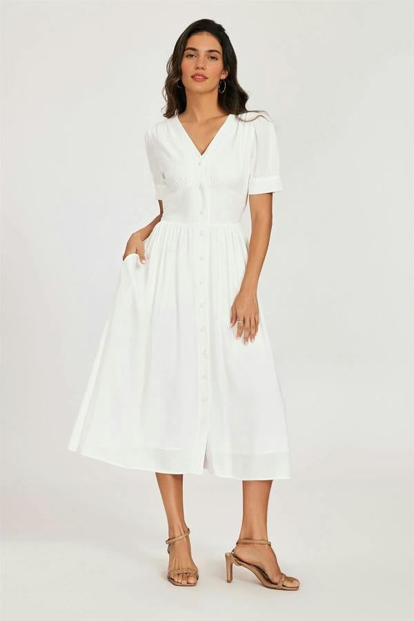 FS Collection Button Front Short Sleeve Midi Dress In White
