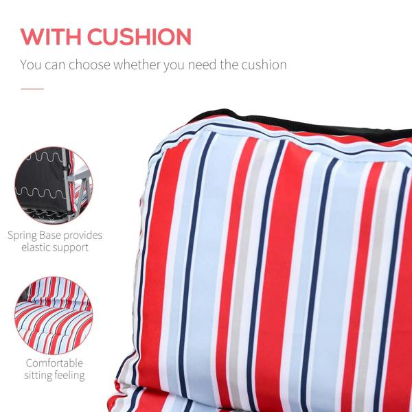 Lounger chair cushion with red, white, and blue vertical striped fabric and padded edge