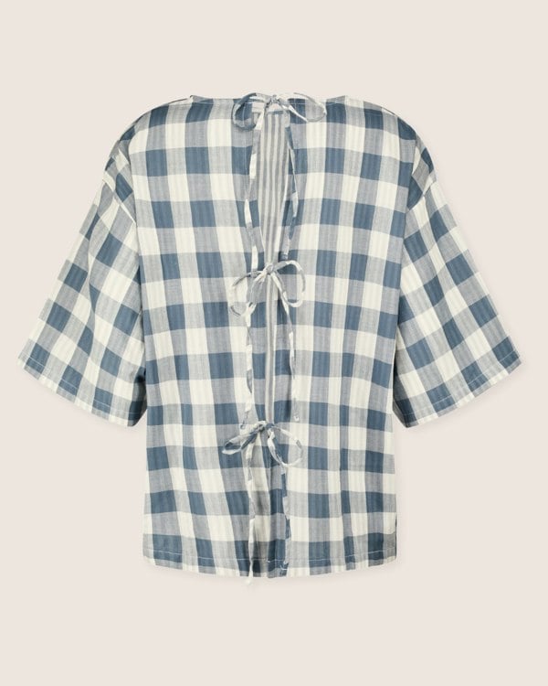 Oragnic Cotton Doris Multicolour Marine Check Print Tie Back Top- image 4