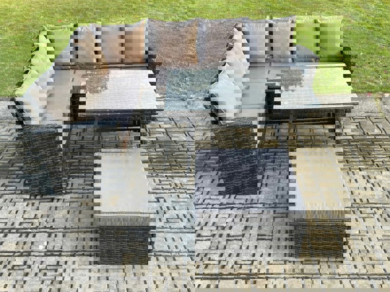 Fimous Outdoor Furniture Garden Dining Set Rattan Corner Sofa Set with Rectangular Dining Table Big Footstool Dark Grey Mixed