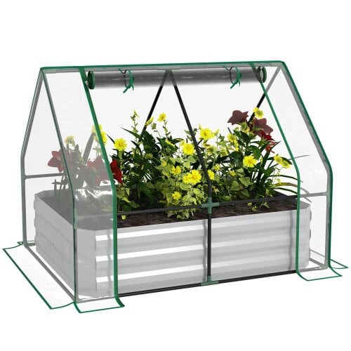 Bobobiy Raised Garden Bed with Greenhouse, Steel Planter Box with Plastic Cover, Dual Use for Flowers, Fruits and Herbs, 127L x 95W x 92H cm