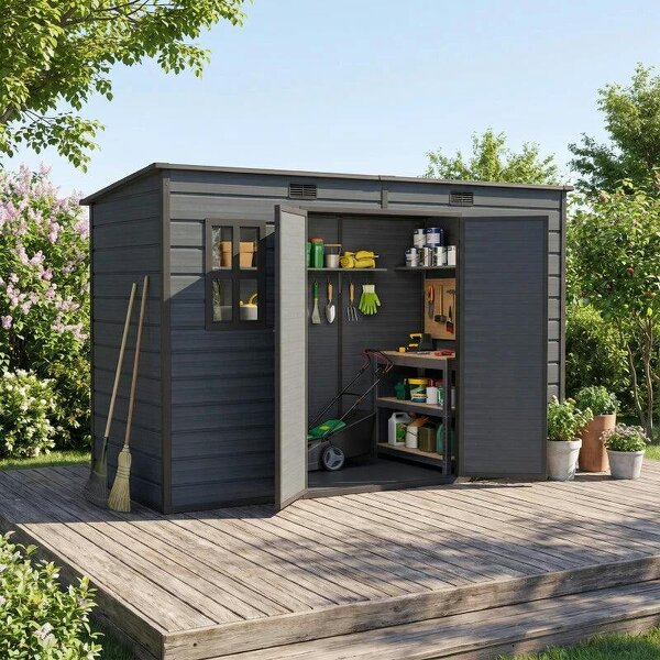 10 x 4 ft Resin Garden Shed, Outdoor Storage Shed with Floor, Windows, Lockable Doors and Vents, Dark Grey
