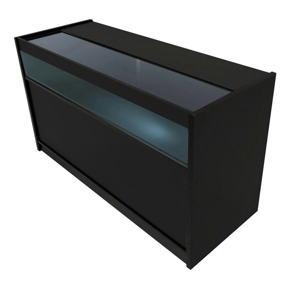 Sleek black LED retail shop counter B1500 with a glass top and illuminated display area, ideal for showcasing products