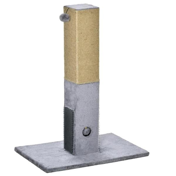 Grey jute cat scratching post with plush top ball and carpet base platform