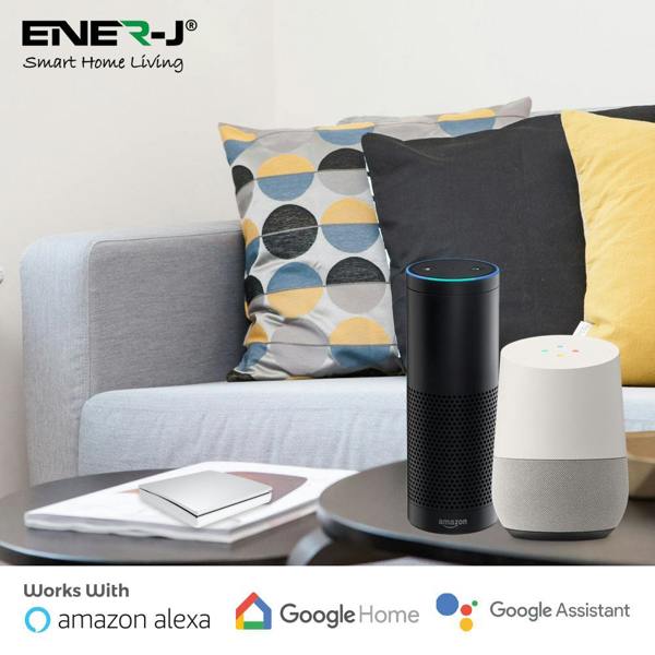 Smart home devices on a coffee table with Ener-J branding and compatibility logos.