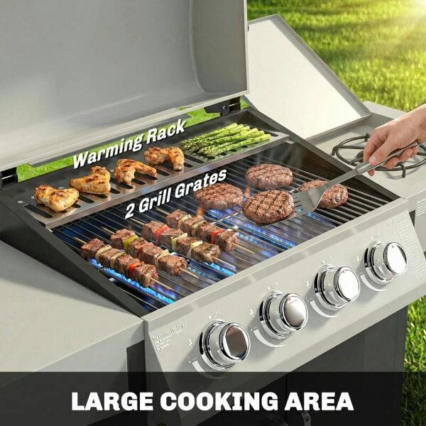 Bobobiy 4+1 Burner Gas BBQ Grill with Side Burner, 14.5 kW Steel Portable Gas Barbecue Grill with Built-in Thermometer, Lid