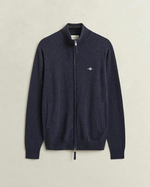 GANT Mens Superfine Lambswool Full Zip Sweater - 480 Dark Navy Melange | CHO | Designer Mens Full Zip Jumpers